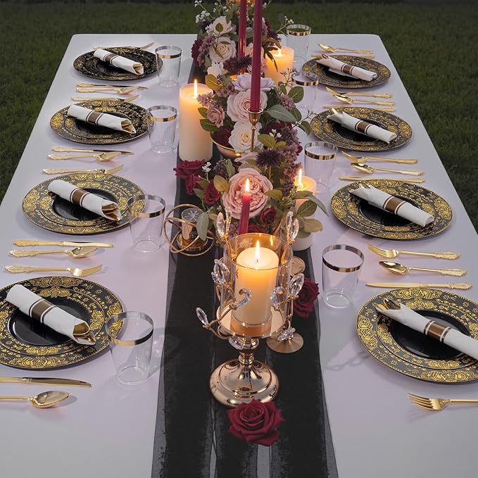 GATHER 350PCS Black and Gold Plastic Plates - Gold Disposable Dinnerware Set Include 50 Dinner Plates, 50 Dessert Plates, 150 Gold Plastic Silverware, 50 Napkins, 50 Cups for Wedding & New Year