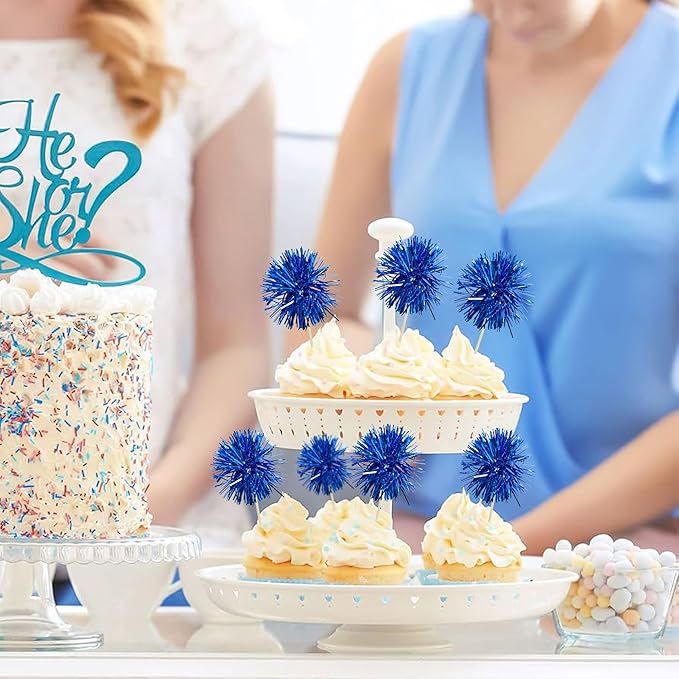 Ephlyn 30Pcs Foil Firework Cupcake Toppers Sparkles Fireworks Sticks Birthday Decorations Sparkle Tinsel Cocktail Fruit Toothpick for Birthday Wedding Graduation Party Cake Decorations Blue