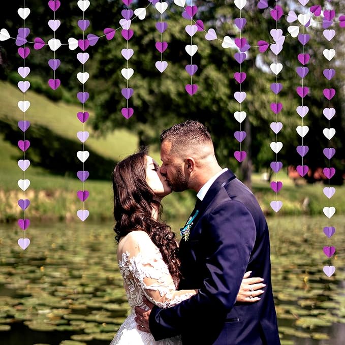 Purple White Lavender Party-Decorations Heart-Garland - 39Ft 3D Women Girl Birthday Supplies Hanging Paper Streamers Banner,Baby Bridal Shower Wedding Engagement Bachelorette Graduation Decor Ouruola