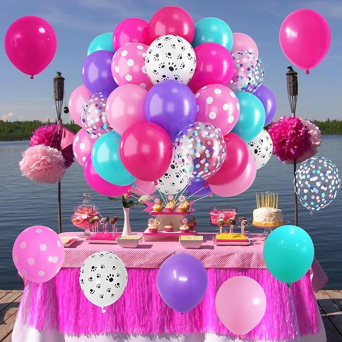 Dog Paw Balloons Set 60 Pcs 12 Inch Pink Purple Blue Balloons Puppy Paw Print Polka Dot Balloon Hot Pink Purple Teal Blue Turquoise Balloon for Kids Girls Baby Shower Birthday Party Decorations