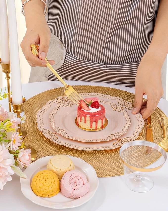 Ciaell 350 PCS Pink Plastic Plates - Pink and Gold Disposable Plates Include 50 Disposable Plate, 150 Heavy Duty Silverware, 50 Cups, 50 Napkins for Wedding & Party & Anniversary