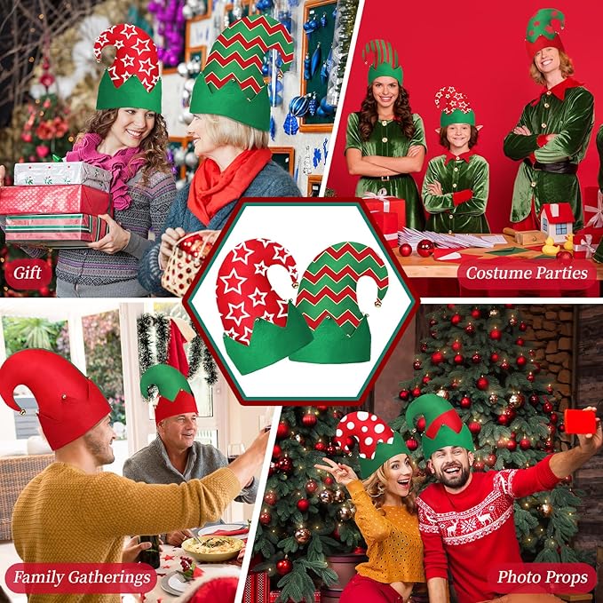 12 Pcs Christmas Elf Hat Colorful Funny Hats with Bell Holiday Party Accessories for Adults Santa Headdress for Party(Classic 3)