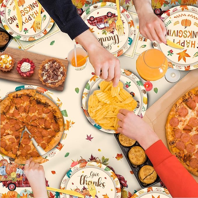 Fall Plates and Napkins Party Supplies, 142pcs Thanksgiving Party Decorations Happy Fall Maple Leaves Tableware Set for Fall Harvest Thanksgiving Birthday Party Decorations
