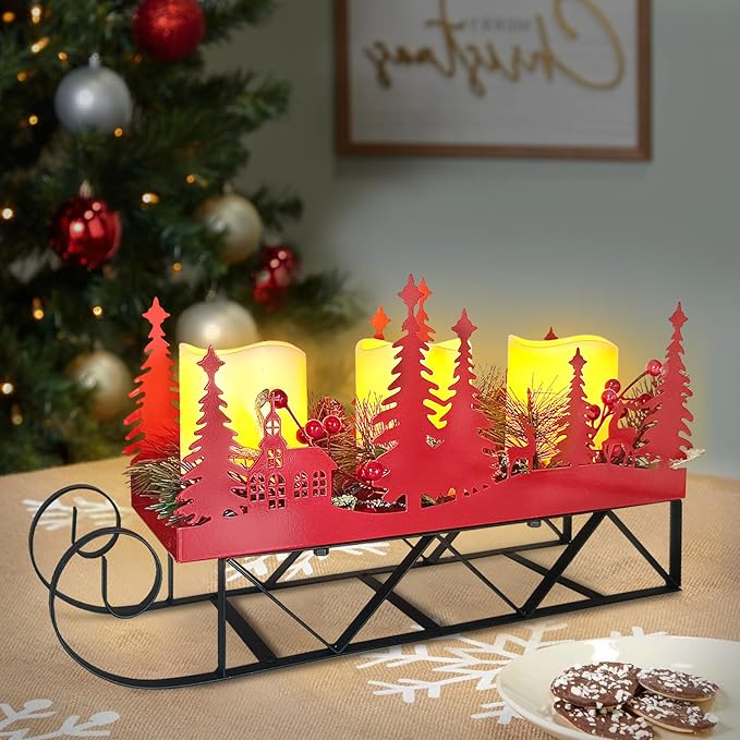 Christmas Sleigh Centerpiece Table Decorations with Flickering Led Candle Lights Xmas Sleigh Silhouette Candelabrum for Dinning Room, Table, Fireplace, Mantel Holiday Decoration