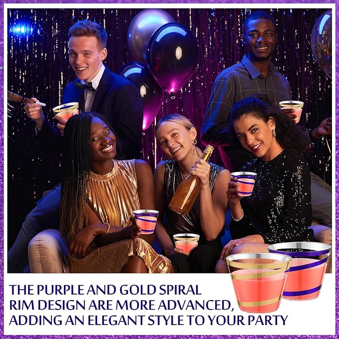 Gejoy 9 oz Rimmed Swirl Plastic Cups Disposable Wine Drinking Cups Clear Elegant Halloween Tumblers for Christmas Party Supplies(Purple, Gold,100 Pcs)
