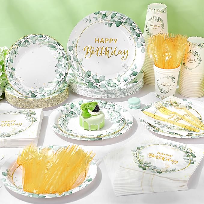 Pickmesh 400 Pcs Sage Green Birthday Party Supplies Include Neutral Eucalyptus Green Happy Birthday Disposable Paper Plates Napkins Cups Cutlery for Girls Boys Women Men Party Decorations Serve 50