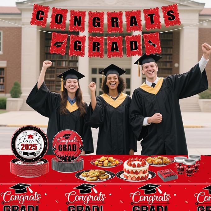 126PCS Graduation Party Decorations of Class 2025 - Including Disposable Paper Plates, Congratulation Banner, Tablecloth, Cups & Napkins for graduation party Supplies