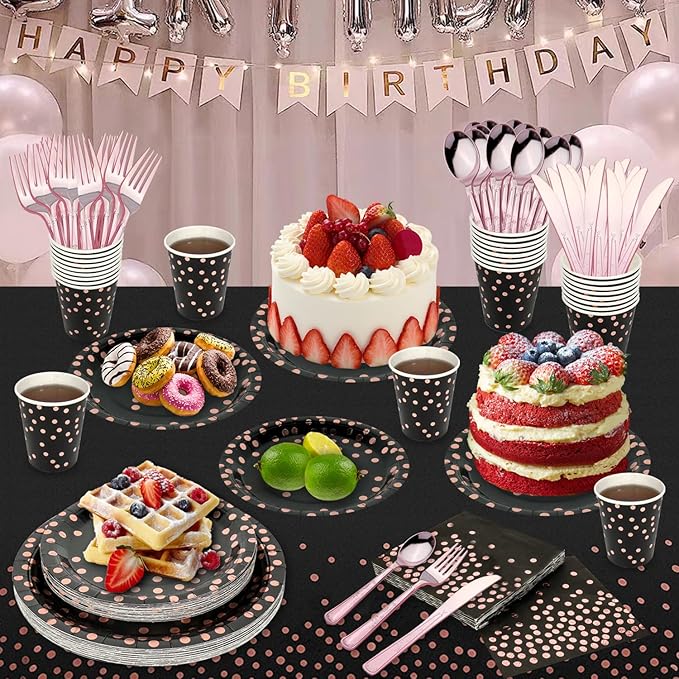 176 Pieces Gold Disposable Party Dinnerware Set &Golden Dot Disposable Party Dinnerware - Black Paper Plates Napkins Cups, Gold Plastic Forks Knives Spoons (25 Guests,176 Pieces)