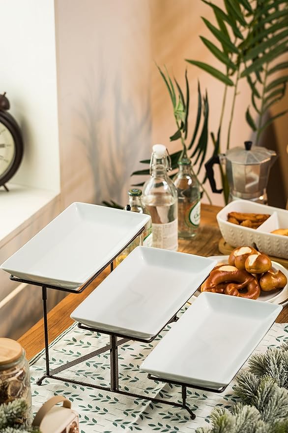 LAUCHUH 3 Tier Serving Tray Porcelain Tiered Serving Stand Collapsible Sturdier Rack Serving Platters with 2 Cross Bars for Thanksgiving, Christmas, Fruit Dessert Party Display Set, 12 Inch, Bronze