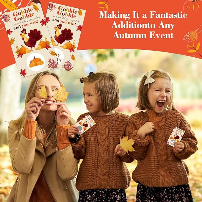 Thanksgiving Scratch Off Cards, 50 Fall Turkey Party Scratch Off Tickets, Autumn Pumpkin Game Cards for Adults Family Groups Supplies Classroom Activities - B02