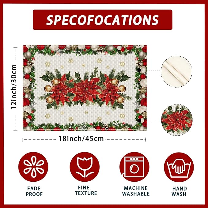 XCHI Christmas Poinsettias Leaves Bells Snowflakes Winter Xmas Placemats Set of 8 Table Mats for Party Home Kitchen Dining Table Decorations 12x18 Inch