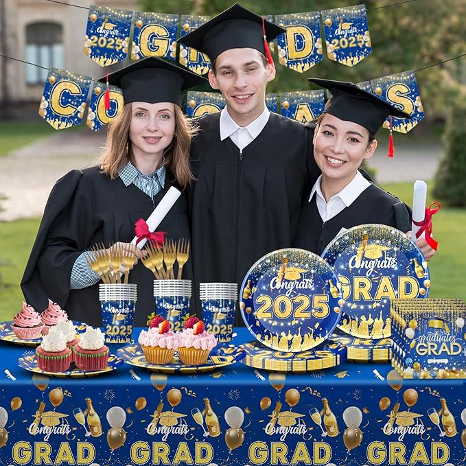 128 Pcs Blue And Gold Graduation Decorations 2025,Graduation Decorations 2025 Deals Set Include Tablecloth , Paper Plates, Cups,Forks, Napkins, Grad Banner Is Suit For Any Grad Party.