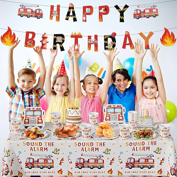 98PCS Fire Truck Birthday Decorations Set - Firefighter Party Supplies with Tablecloth, Banner, Napkins, P Cups for Firefighter Themed Birthday Party Decorations,Service For 24 Guests.