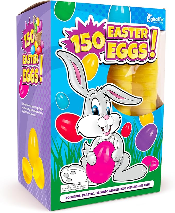 Giraffe Manufacturing 150 Pack 2.3" Hinged Easter Eggs Bulk Plastic Fillable – Assorted Bright Colors Candy Alternative Eggs for Egg Hunt, Party Favors, Classroom Prizes, Treasure Box Toys