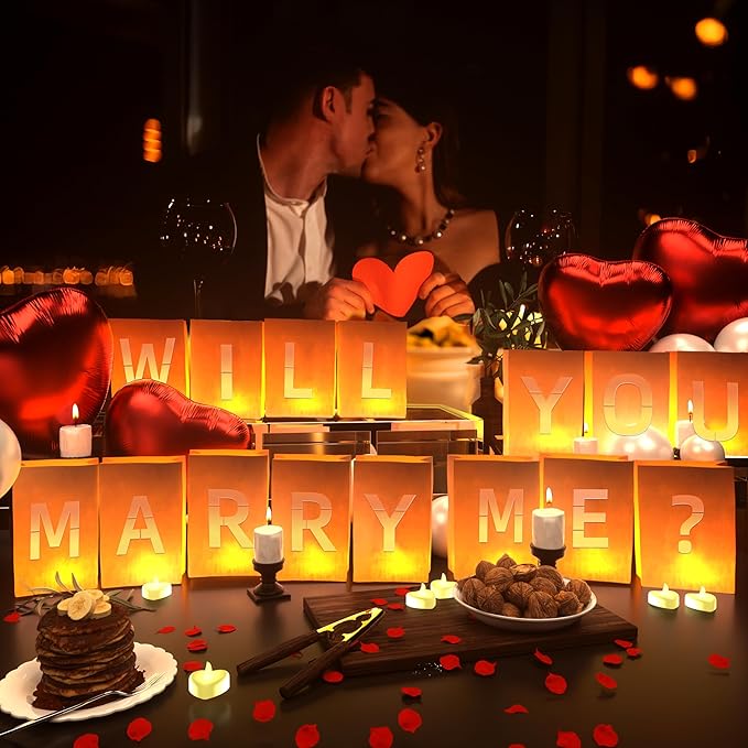 Will You Marry Me ? Light Up Letters, Include Light up Letters, with Tea Lights Candles, Latex Balloons, Aluminum Balloons and Rose Petals, Anniversary and Valentines' Day Decorations for Women