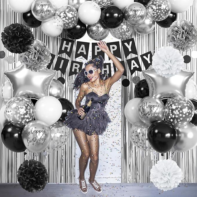 Black and Silver Birthday Decorations for Men Boys, Black White Silver Party Decorations Happy Bithday Banner Star Foil Balloon Fringe Curtain Pompom for Women Girls Party Supplies