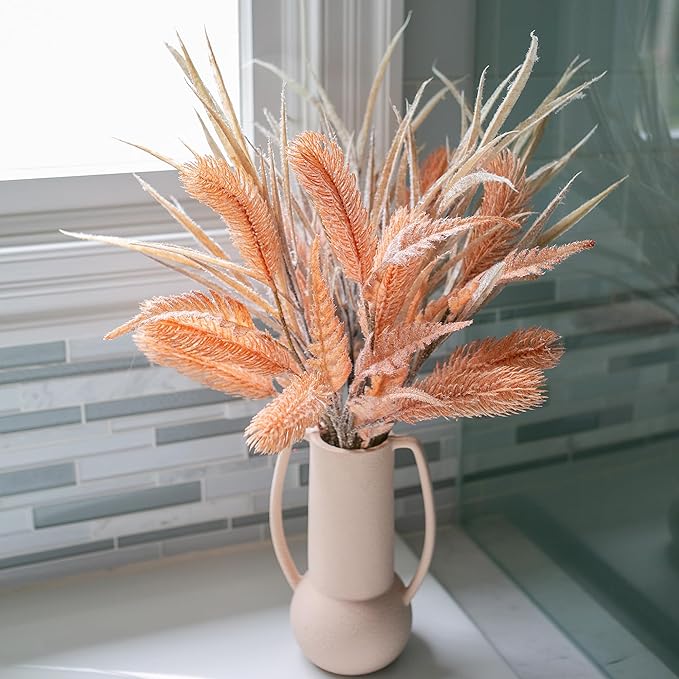 7 PCS Christmas Stems for Vases, 26 in Faux Stems Fake Plants Winter Stem Greenery Branches Fake Leaves Faux Foliage for DIY Craft Garland Home Kitchen Office Indoor Centerpiece Table Decor, Orange