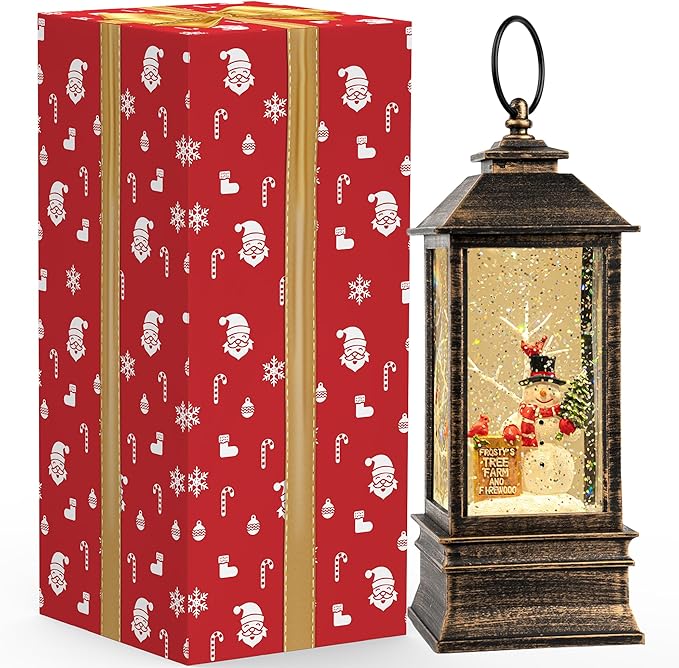 10'' Frosty's Tree Farm Snowman Musical Lighted Snow Globe Water Lantern with Swirling Glitter Decoration for Christmas Home, Living Room, Battery Operated or USB Powered