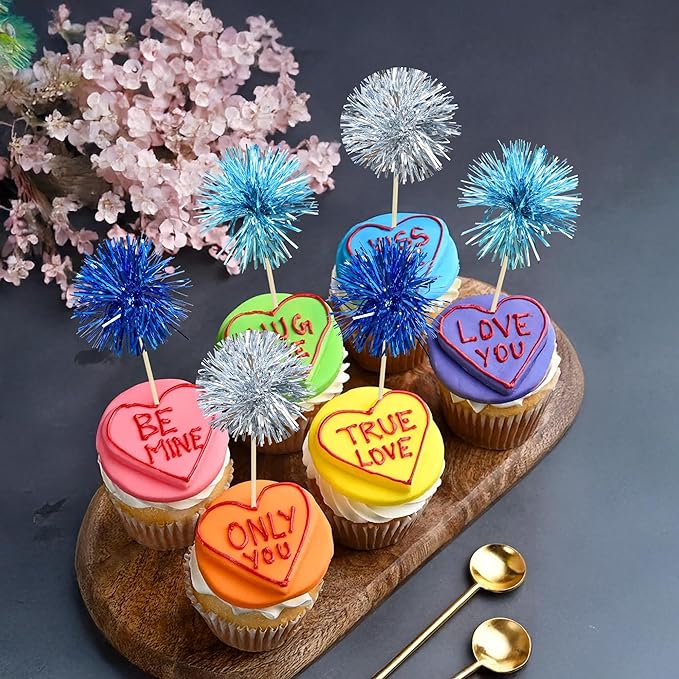 Gyufise 30Pcs Foil Firework Cupcake Toppers Sparkle Tinsel Cake Toppers Tinsel Drink Cake Decoration Cocktail Picks for Birthday Wedding Graduation Party Supplies Blue Silver