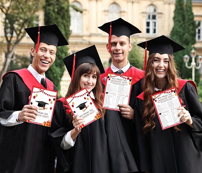 30 Grad Party Games Cards - Who Knows The Graduate Best, Red Graduation Games 2025 Party Favors, Graduation Party Decorations for Senior High School College University