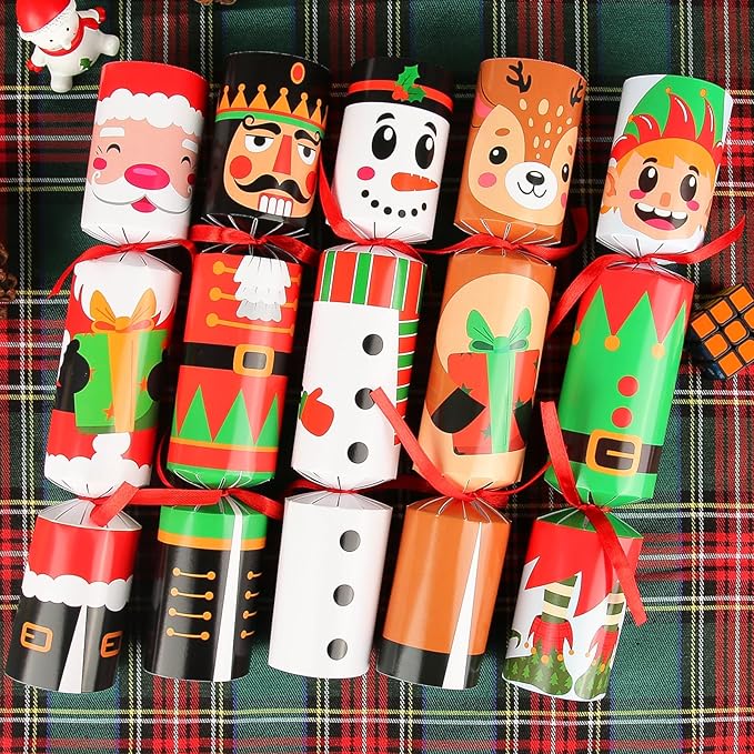 10 Pack Non-Snap Christmas Table Party Favors with Party Hats Joke Little Gifts for Kids Adults, Christmas Cute Characters Design, Xmas Seasonal Holiday Dinner Traditions Supplies