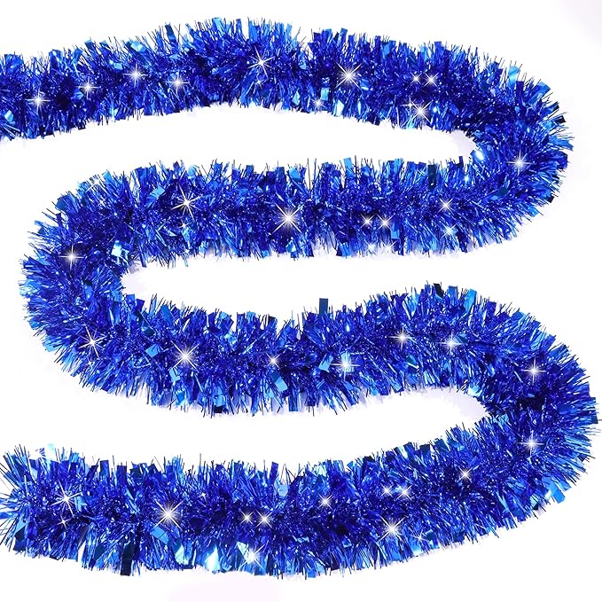 50FT Blue Christmas Tinsel Garland Metallic Twist Xmas Garland for Christmas Tree Decorations Holiday Hanging Garlands for Mantel Staircase Indoor Outdoor Home Office Class Party Holiday Decor