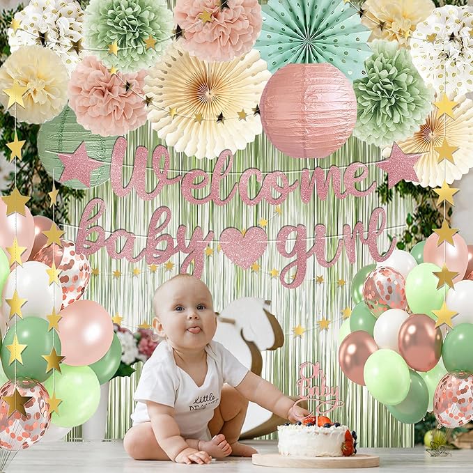 Dusty Pink Sage Green Baby Shower Decorations - Welcome Baby Girl Banner, Retro Pink Green Rosegold Balloons, 'Oh Baby' Cake Topper, Pom Poms Flowers Paper Fan For Birthday Jungle Woodland Party