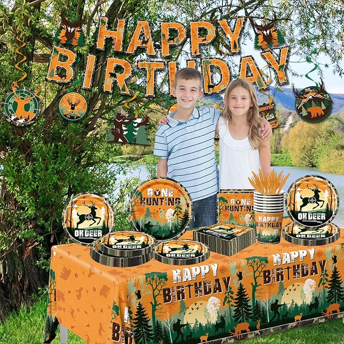 Hunting Birthday Party Decorations for Boys Oh Deer Hunting Party Plates and Napkins Camo Hunting Decor includes Cups tablecloth Banner for Gone Hunting Party Supplies