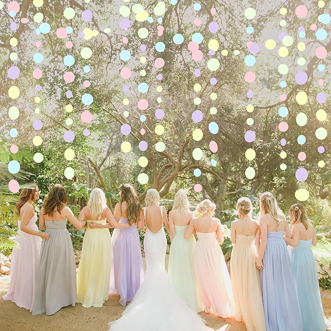 Pastel Party Decorations Blue Purple Pink Yellow Green Circle Dots Garland Hanging Paper Polka Dot Streamer for Birthday Baby Shower Wedding Bridal Shower Macaron Spring Easter Party Supplies