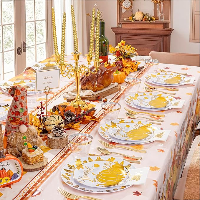 Festiva 176Pcs Thanksgiving Plastic Plates - Heavy Duty Thanksgiving Plates - Thanksgiving Disposable Dinnerware Set include 50 Plates,75 Silverware, 25 Cups, 25 Pumpkins Napkins, 1Tablecloth