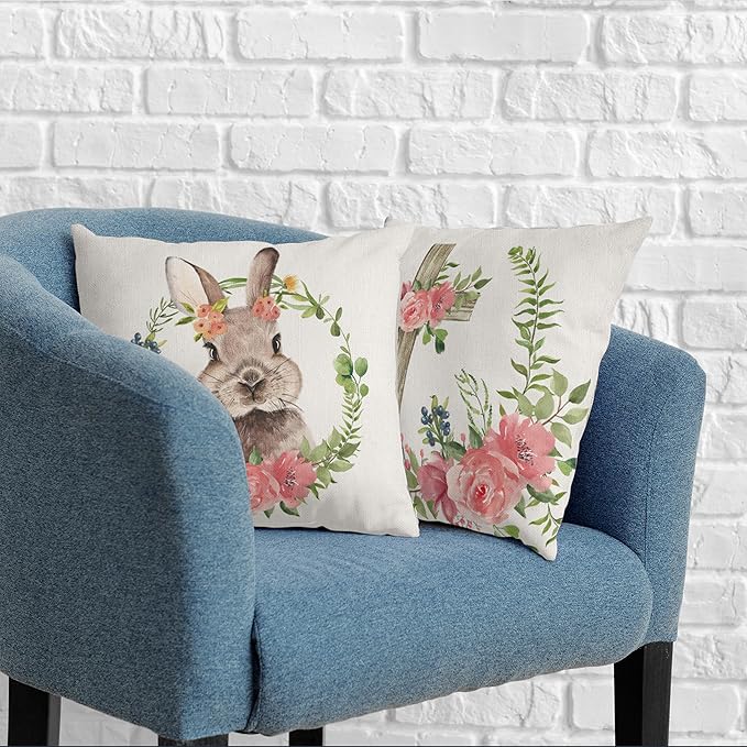 Bunny Floral Wreath Throw Pillow Covers Cross Easter Pillow Covers 16x16 Set of 2 Spring Pink Flowers Cushion Case Cotton Linen Pillowcase for Home Decor Sofa Couch