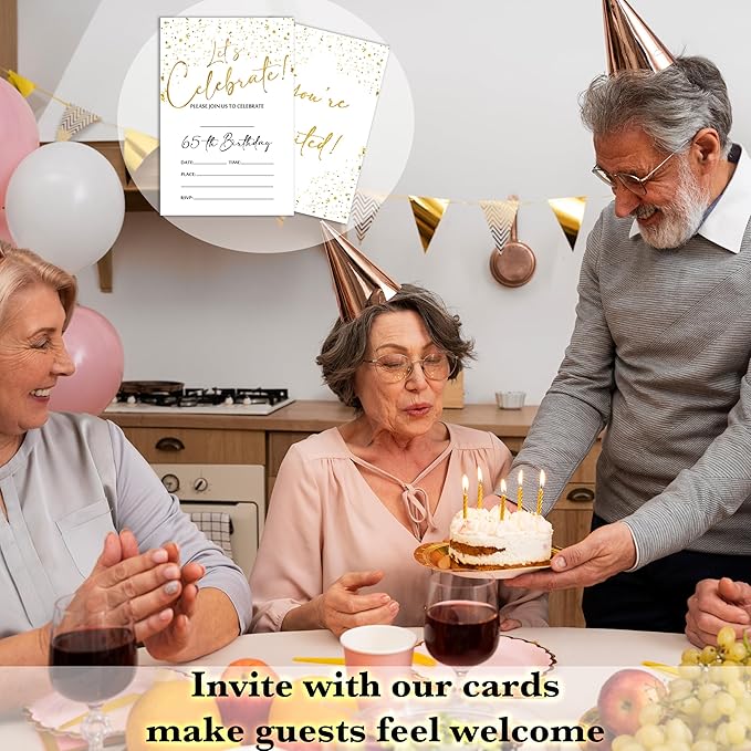 65th Birthday Invitations Cards, 4"x 6" White and Gold Confetti Birthday Party Invites with Envelopes for Party Decorations Supplies(20 Pieces) -D16