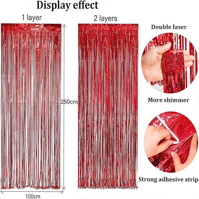 BRAVESHINE Tinsel Foil Fringe Curtains - 2 Pack 3.2 x 8.2 ft Metallic Photo Booth Streamer Backdrops for Birthdays Fiestas Melons Hawaiian Luau Tropical-Theme Christmas Party Decorations - Red Green