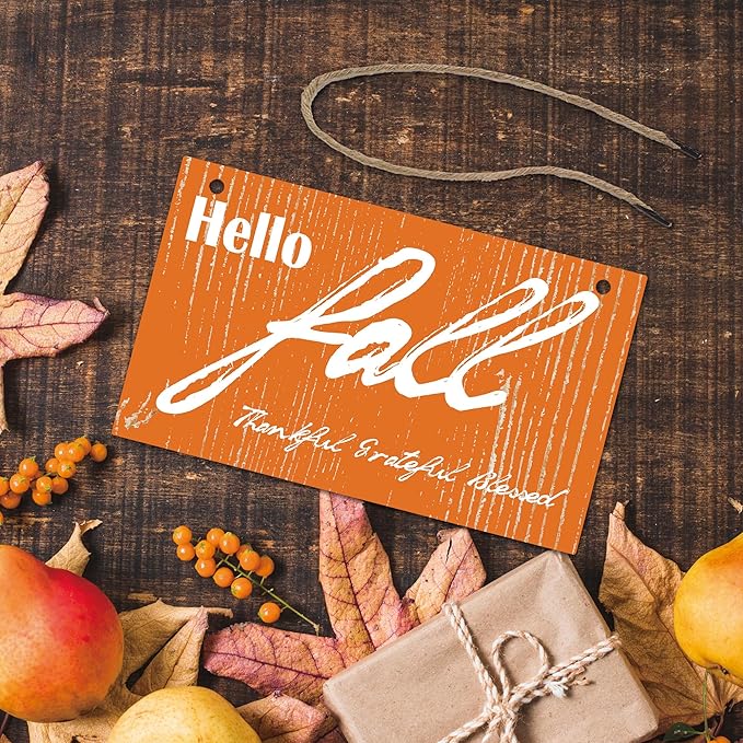 "Hello Fall" Wooden Hanging Sign - Orange Autumn Wood Hanging Decoration - Applicable Porch Home Wall Indoor Outdoor Decor Or Holiday Gifts For Friends And Family(6" x 10") - A03