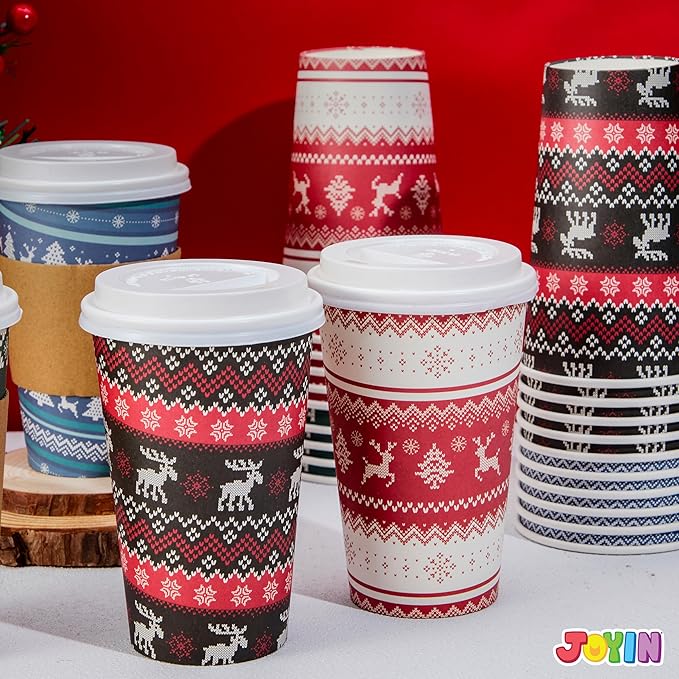 JOYIN 24 PCS Christmas Disposable Paper Cups, 16 oz Merry Christmas Party Cups With Sleeves and Lids, 4 Designs Xmas Drinkware Winter Drinkware, Tableware Holiday Party Supplies