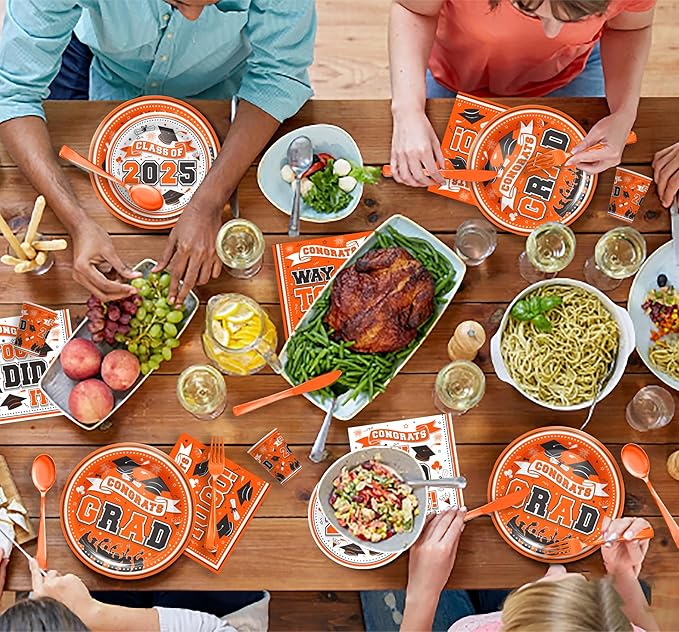 Graduation Decorations Class of 2025 - Orange Graduation Party Supplies 2025 Include Plates, Cups, Napkins, Cutlery, 24 Guests