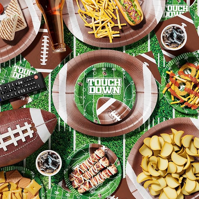 Ecomore 205PCS Football Party Decorations (Serves 50), Easter Decoartion Football Birthday Party Supplies with Disposable Paper Plates and Napkin Cup Banner Touchdown Tablecloth Graduation Party Decor