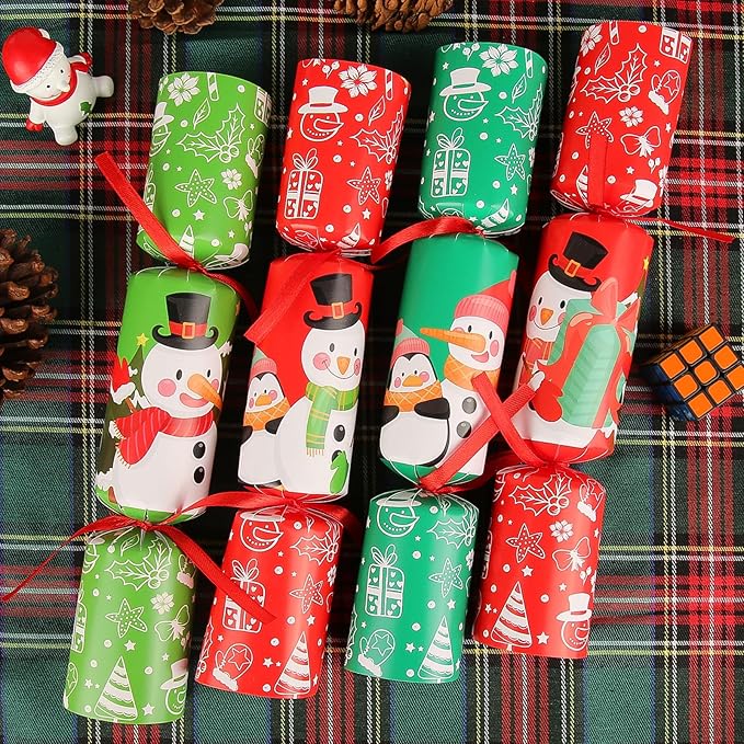 8 Pack Non-Snap Christmas Table Party Favors with Party Hats Joke Little Gifts for Kids Adults, Christmas Snowman Design, Xmas Seasonal Holiday Dinner Traditions Supplies