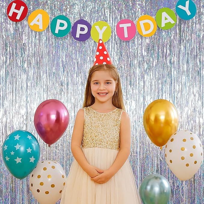 2 Pack Laser Silver Tinsel Foil Fringe Curtains, Silver Party Decorations, Metallic Tinsel Party Streamers Backdrop for New Years Birthday Halloween Wedding Party Decorations