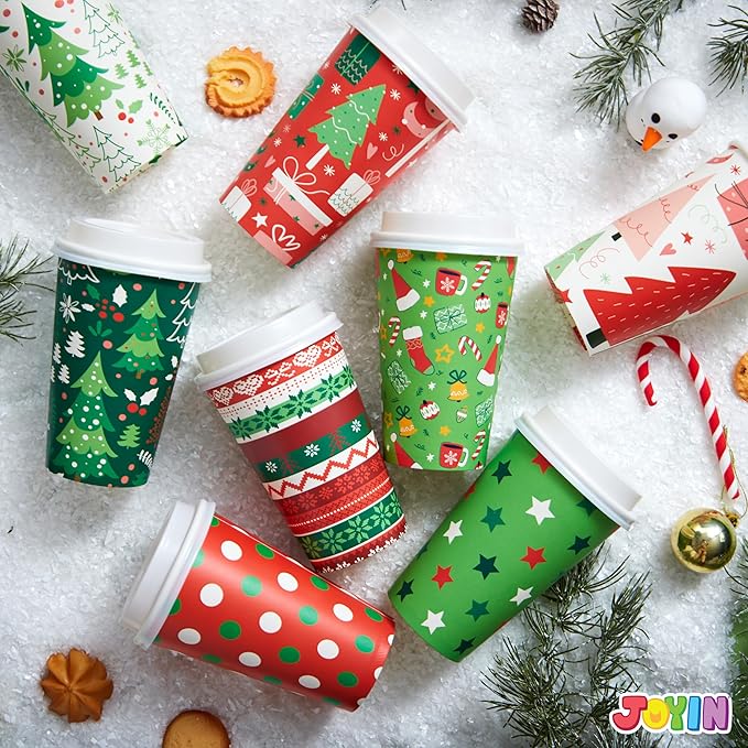 JOYIN 24 PCS Christmas Disposable Paper Cups, 16 oz Merry Christmas Party Cups With Sleeves and Lids, 8 Designs Xmas Coffee Drinkware, Beverages Tableware Holiday Supplies Favors