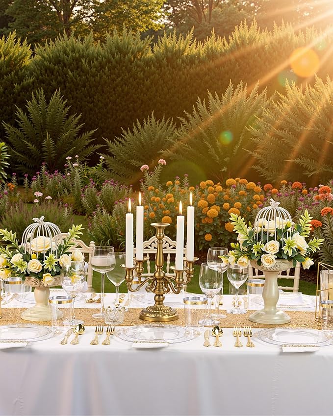 Nervure 175PCS Clear Gold Plastic Plates - Disposable Gold Party Plates & Pre Rolled Napkins with Cutlery for 25 Guests, 50Plates, 75Silverware, 25Cups, 25Napkin for Wedding & Party & Thanksgiving