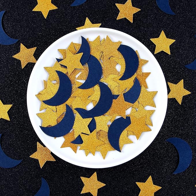 Navy-Blue Moon Gold Star Confetti - 300pcs Glitter Twinkle Little Star Table Confetti Eid Ramadan Mubarak Decoration Birthday Wedding Baby Shower Party Decor Lasting Surprise