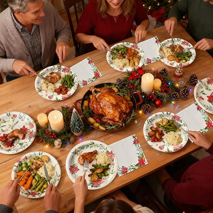 150Pcs Christmas Paper Plates and Napkins Disposable Heavy Duty Dinnerware Set Serve 50, Poinsettia Design Serving Platters, Merry & Bright Floral Tableware for Holiday Home Christmas Party Supplies