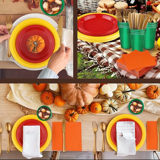 240 Pieces Fall Plastic Dinnerware Set Disposable Party Plates Napkins Cups and Silverware Dessert Dinner Plates for Birthday Wedding Thanksgiving Party Supplies, Serves 30 Guests