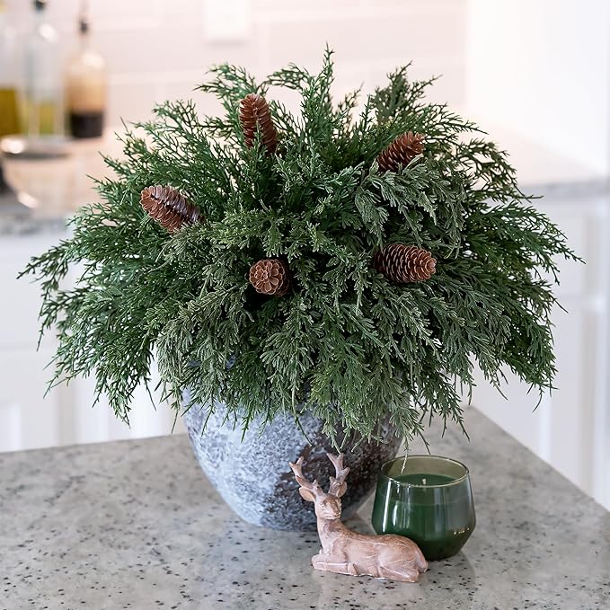 Cedar Stems Artificial Norfolk Pine Branches for Christmas Decor, 12 PCS Fake Pine Stems with 5 PCS Big Pine Cones Branches Realistic Fake Plants Faux Greenery for Vases DIY Garland Xmas Table Indoor