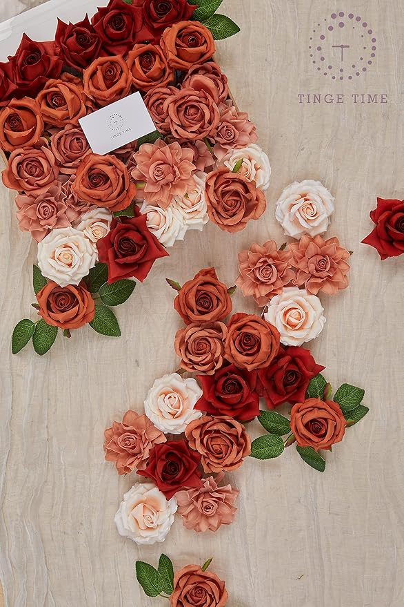 TINGE TIME Artificial Flowers, 25pcs Real Looking Gradient Fall Orange Rose Fake Roses w/Stem for DIY Wedding Bouquets Centerpieces Arrangements Party Baby Shower Home Decorations