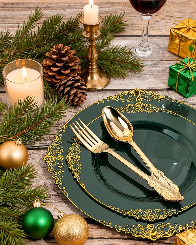 Nervure 175PCS Green Plastic Plates - Disposable Green Gold Party Plates & Pre Rolled Napkins with Cutlery for 25 Guests, 50Plates, 75Silverware, 25Cups, 25Napkin for Wedding & Party