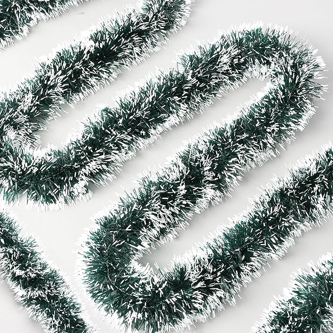 50FT Green White Christmas Tinsel Garland, Metallic Twist Xmas Garland for Christmas Tree Decorations, Holiday Hanging Garlands for Mantel Staircase Fireplace Indoor Outdoor Home Party Decor