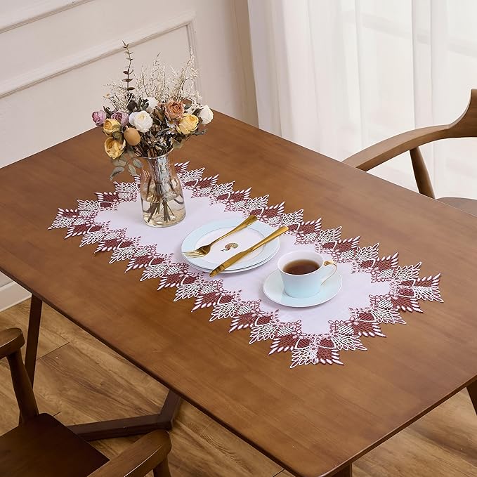 Natural Linen Table Runner 120 inches Neutral Earth Tones Beige Lace Handcrafted Coffee Table Runners Dresser Scarf for Spring Easter Summer Kitchen Wedding Party (16”x120”, Dark Red)