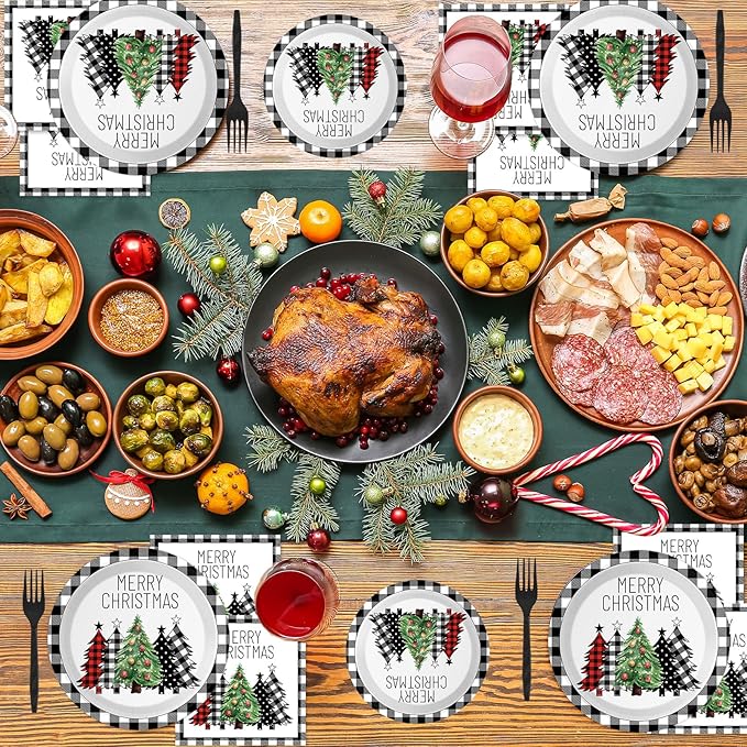 96 Pieces Buffalo Plaid Christmas Tree Tableware Set for Christmas Party Black and White Gingham Buffalo Plaid Decorations Disposable Dessert Paper Plates Napkins Forks for 24 Guests